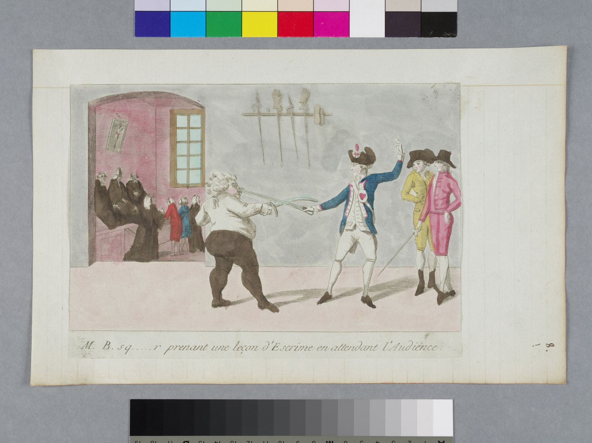 Image représentant M.B. sq.....r prenant une leçon d'Escrime en attendant l'Audience - Estampe