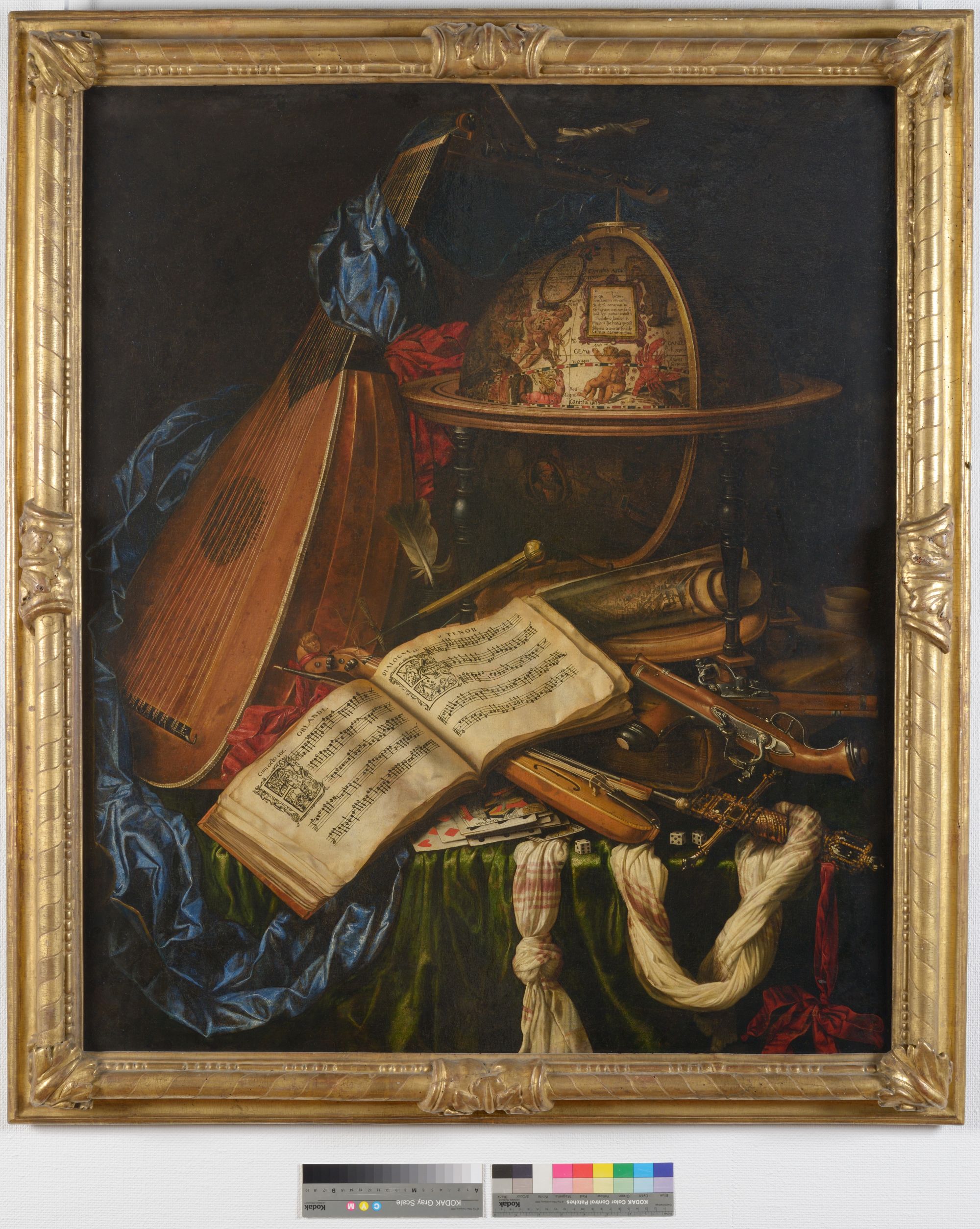 Image représentant Nature morte : instruments de musique, sphère, pistolet, cartes à jouer - Tableau