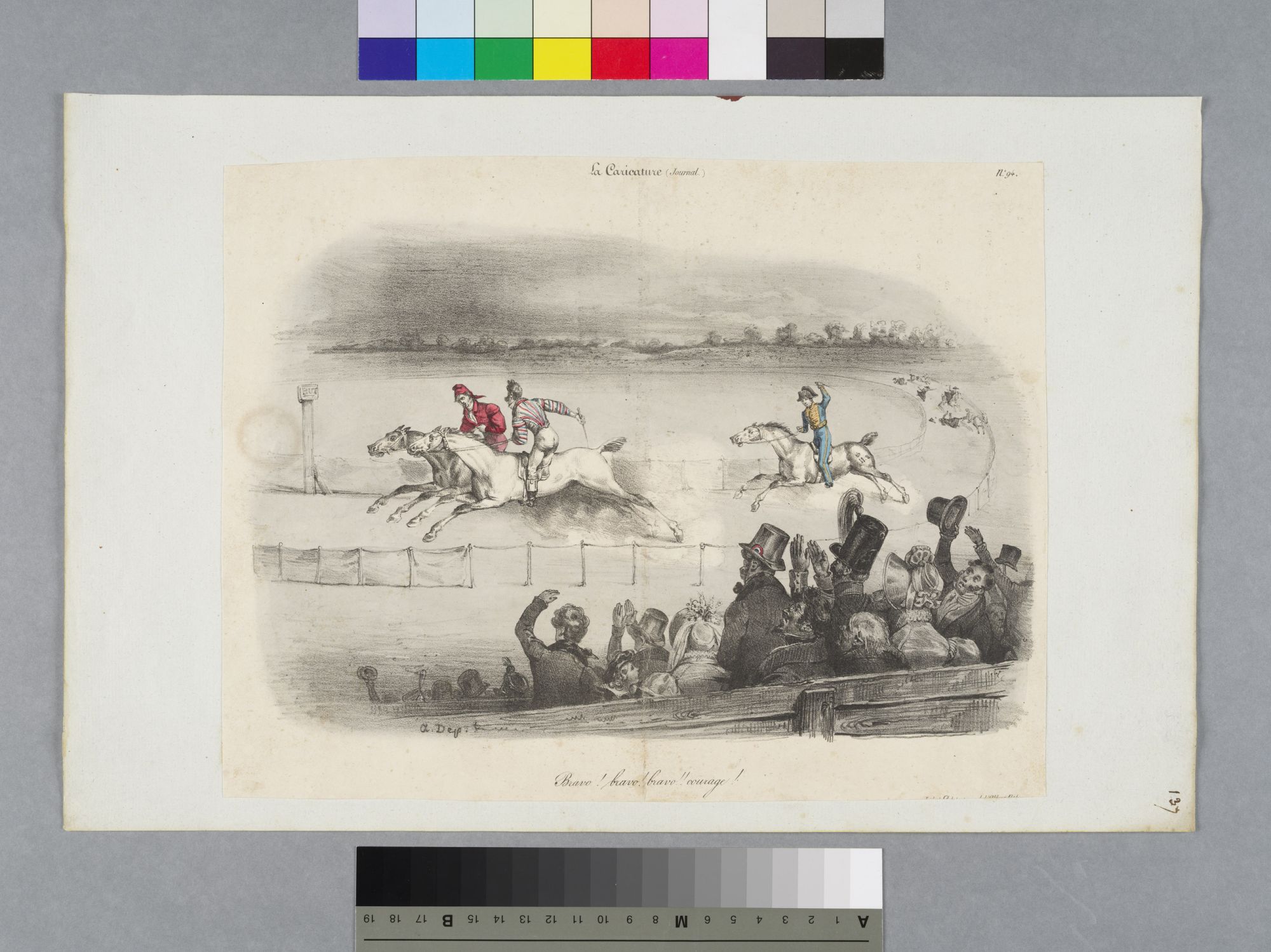 Image représentant La caricature (Journal) : Bravo! Bravo! Courage! (le jockey République devance Louis-Philippe, derrière, qui s'essouffle, le cheval Napoléon III) - Estampe