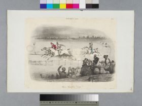 Image représentant La caricature (Journal) : Bravo! Bravo! Courage! (le jockey République devance Louis-Philippe, derrière, qui s'essouffle, le cheval Napoléon III) - Estampe